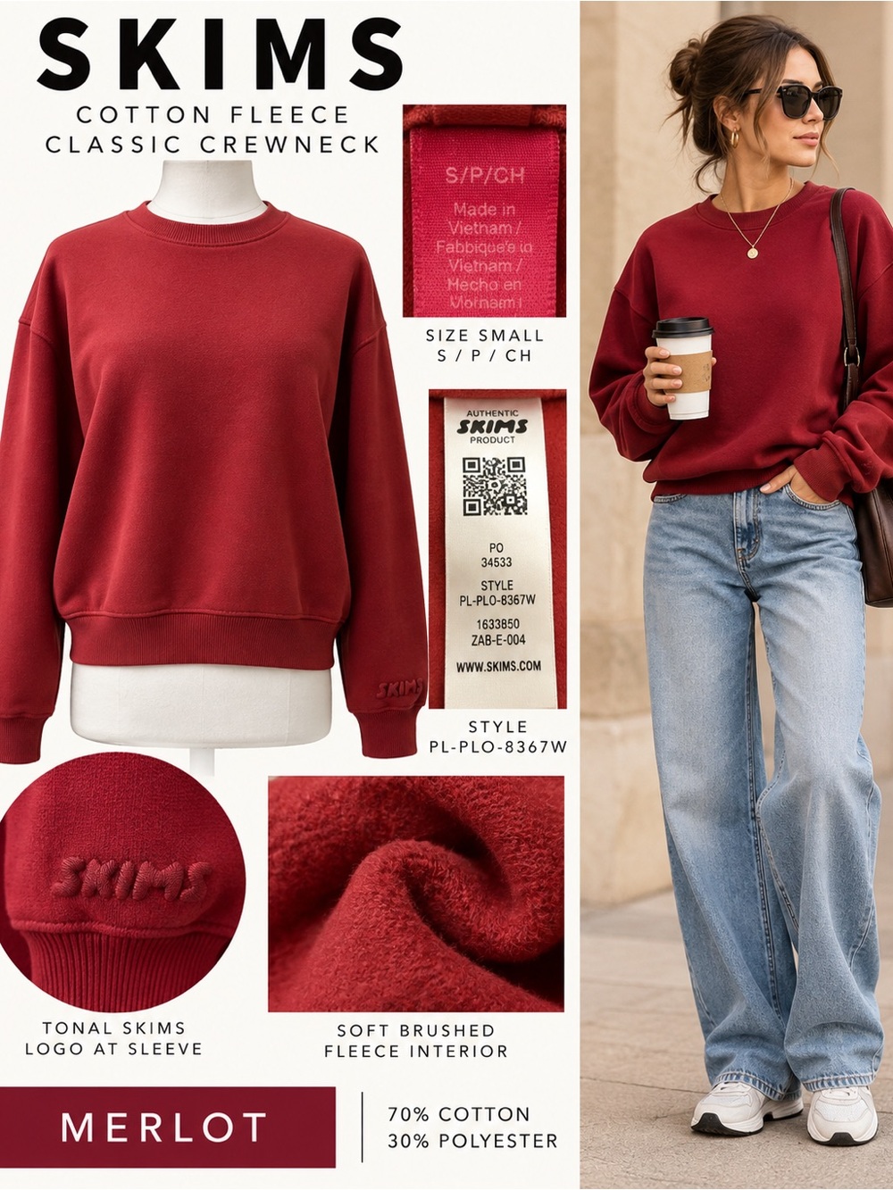 SKIMS Cotton Fleece Classic Crewneck Sweatshirt Merlot Red Small